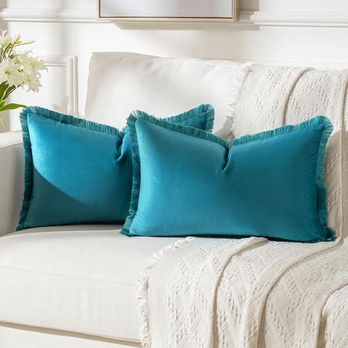 FUTEI Teal Velvet Decorative Throw Pillow Covers 12x20 Set of 2,Soft Cozy Edge with Tassels Lumbar Pillow Cases,Boho Modern Home Decor for Couch Bed Living Room