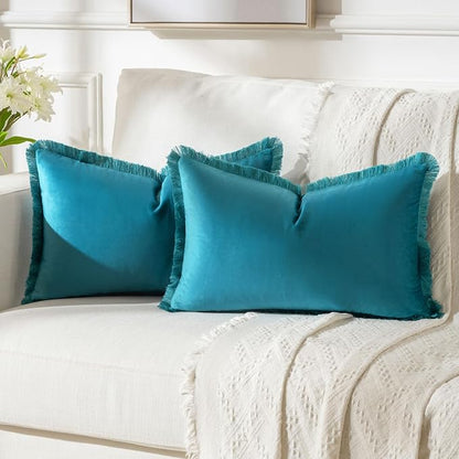 FUTEI Teal Velvet Decorative Throw Pillow Covers 12x20 Set of 2,Soft Cozy Edge with Tassels Lumbar Pillow Cases,Boho Modern Home Decor for Couch Bed Living Room