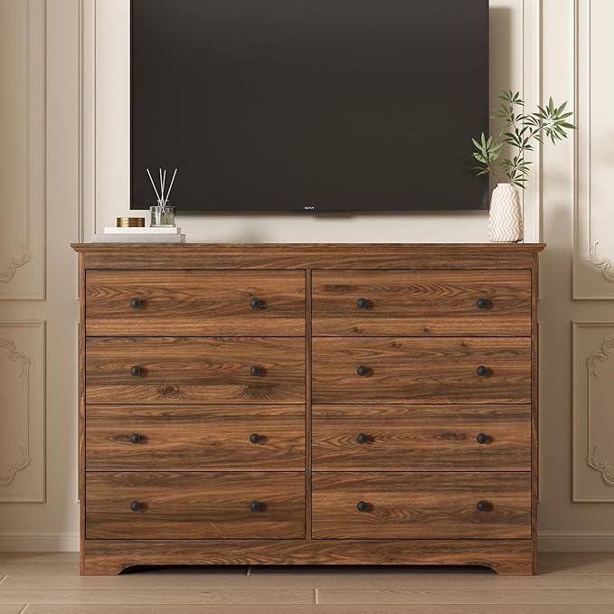 LYNSOM Modern 8 Drawer Dresser, 55.1" Wide Dressers & Chests of Drawers with Large Capacity Storage, Wood Mid Century Storage Dressers Organizer for Bedroom, Brown
