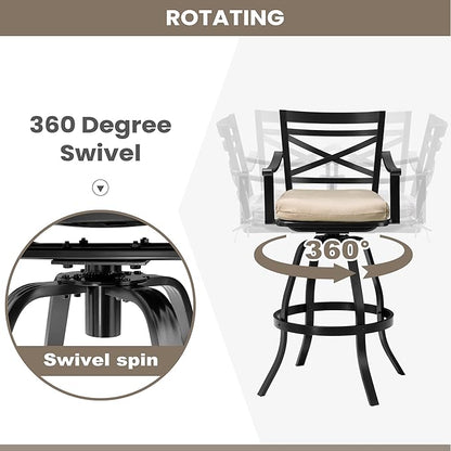 Pellebant 4 Pack Sunbrella Outdoor Bar Stools 30", Aluminum Swivel Patio Bar Height Bar Stools with Footrest and Backrest, for Deck Lawn Garden(Canvas Antique Beige)