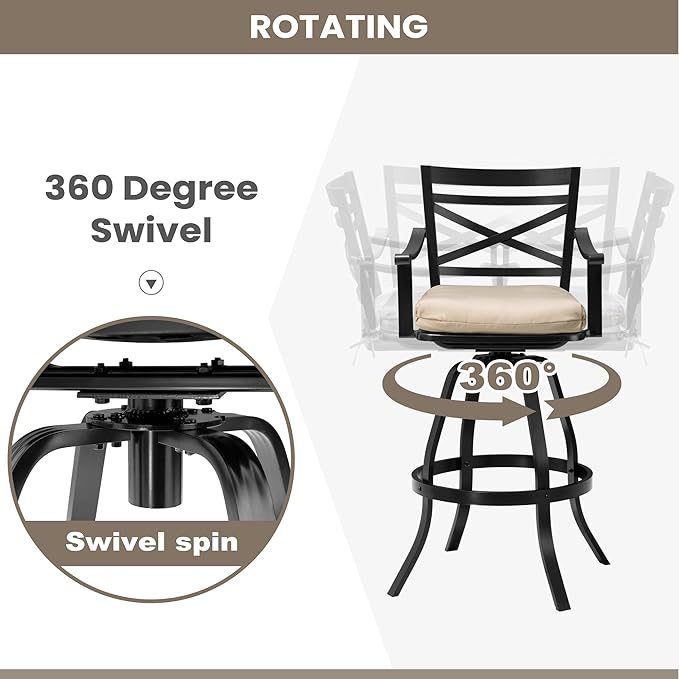Pellebant 30" Sunbrella Outdoor Bar Stools Set of 2, Aluminum Swivel Patio Bar Height Bar Stools with Back & Footrest, Tall Patio Stool Chairs for Deck Lawn Garden,Beige
