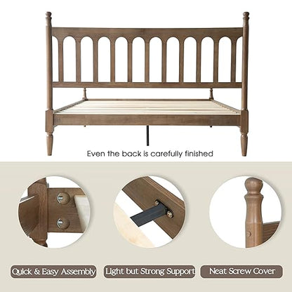Queen Size Bed Frame with Headboard & Footboard, Solid Wood Platform Design, Center Metal Legs with 12 Durable Slatted Base, No Box Spring Needed, Anti-Slip & Noise-Free, Barnwood Finish, WCQ-30