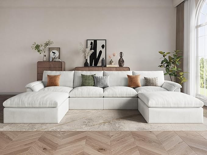 EASE MOOSE Boneless Modular Cloud Couch, U-Shaped Oversized Sectional Sofa for Living Room with Ottoman, Extra Large Movable Couches, 6-Deep-Seat Sofas for Bedroom Apartment, Chenille (White)