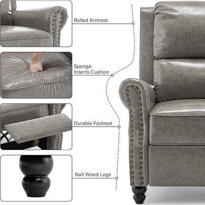 Faux Leather Recliner Chair, Modern Pushback Armchair with Adjustable Backrest & Footrest for Bedroom, Living Room-Grey, 1 SEAT