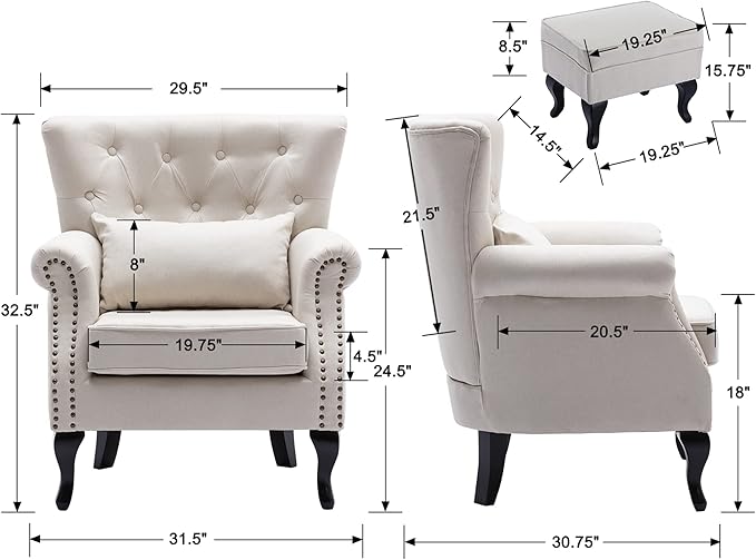 chairus Mid-Century Modern Accent Chair with Ottoman, Comfy Linen Single Sofa Chair Button Tufted Wingback Armchair with Pillow for Living Room/Bedroom/Club - Beige