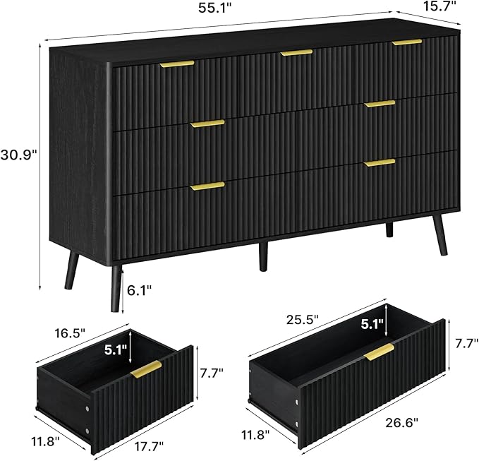 LYNSOM Fluted Dresser and Nightstand Sets 4 Piece, 2-Drawer Nightstands and 5/6 Drawers Dresser, Wood Bedroom Furniture Set for Home, Bedroom, Hallway, Black