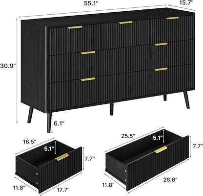 LYNSOM Fluted Dresser and Nightstand Sets 4 Piece, 2-Drawer Nightstands and 5/7 Drawers Dresser, Wood Bedroom Furniture Set for Home, Bedroom, Hallway, Black