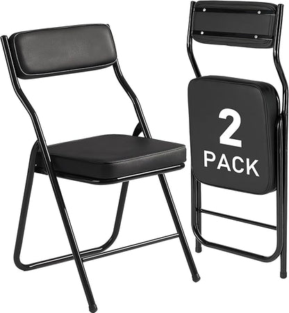 2 Pack Padded Folding Chairs with Cushion, Foldable Dining Chair Set Portable Indoor Outdoor Stackable Folding Chairs with Steel Frame for Home Office Events Wedding Party Black