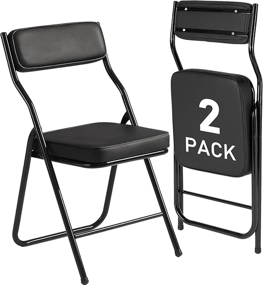 2 Pack Padded Folding Chairs with Cushion, Foldable Dining Chair Set Portable Indoor Outdoor Stackable Folding Chairs with Steel Frame for Home Office Events Wedding Party Black