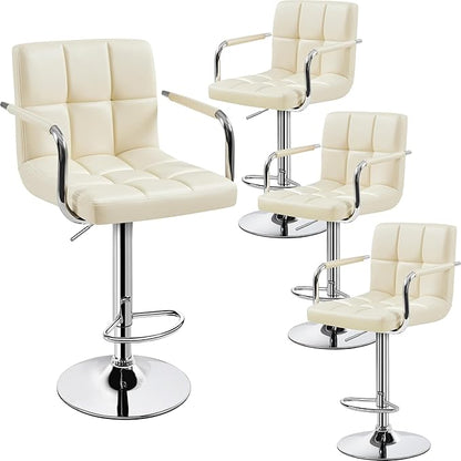 Yaheetech Bart Stools Set of 4, PU Leather Adjustable Barstools with Armrest, Counter Height Stool Chairs with Thickened Seat Cushion for Kitchen Island, Beige