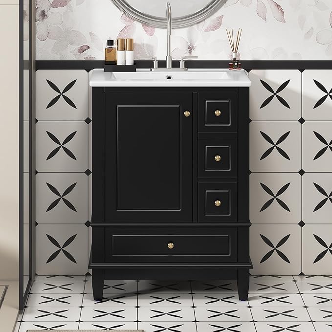 24 Inch Bathroom Vanity with Sink, Freestanding Bathroom Sink Cabinet with 3 Drawers and Storage Door Rack Organizer, Solid Wood Legs, Black