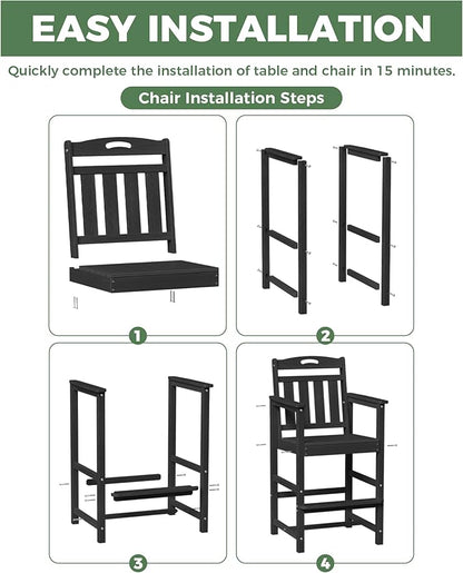Outdoor Patio Bar Height Chair, All-Weather HDPE Tall Balcony Adirondack Stools for Bistro, Garden, Backyard, Deck | Matte Black
