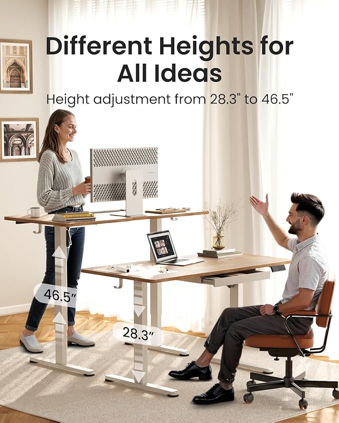 FEZIBO Electric Standing Desk with Drawers, 55 x 28 Inch Height Adjustable Desk with 3 Memory Presets, Sit Stand Up Desks for Home Office, Natural