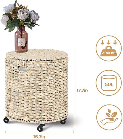 Wimarsbon Round Pouf Ottomans, Handwoven Natural Water Hyacinth Seagrass Pouffe,Outdoor Rattan Stool Accent Seat, Bohemian Coastal Home Decor (Storage Ottoman - Corn Husk)