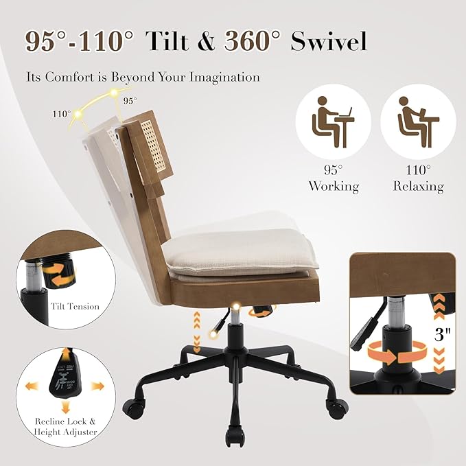 Home Office Desk Chair with Wheels, Ergonomic Computer Task Chair with Rattan Back, Adjustable Height Armless Swivel Chair with Removable Cushion for Small Space, Light Brown