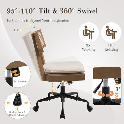 Home Office Desk Chair with Wheels, Ergonomic Computer Task Chair with Rattan Back, Adjustable Height Armless Swivel Chair with Removable Cushion for Small Space, Light Brown