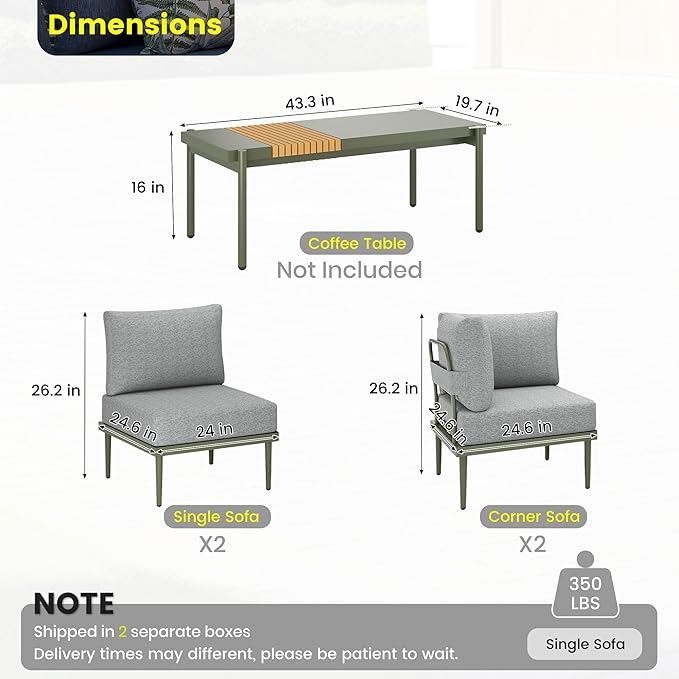 Sundale Outdoor 4 Pieces Patio Furniture Set, L-Shaped Outdoor Sectional Sofa with 6 Inch Olefin Cushion, All-Weather Modern Metal Outdoor Conversation Sets
