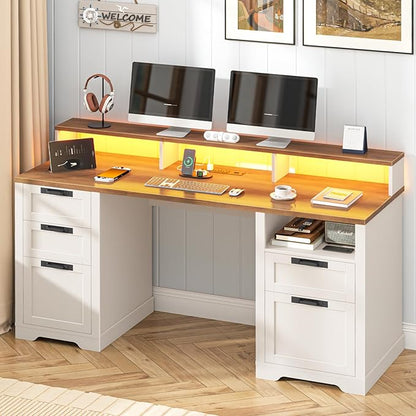 Halitaa 61" Farmhouse Executive Desk with Monitor Stand & File Drawers,Computer Desk with Storage Drawers,Large Workstation LED Lights and Power Outlets for Home Office,Study,White
