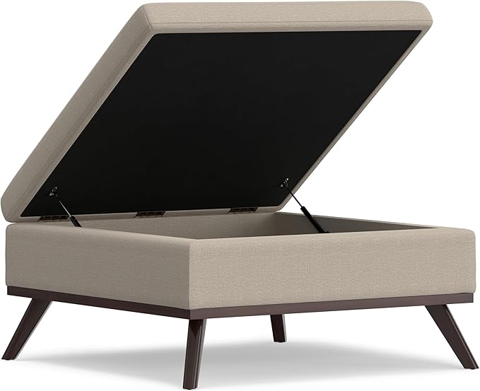 SIMPLIHOME Owen 36 inch Wide Mid Century Modern Square Coffee Table Storage Ottoman in Natural Polyester Fabric, Assembled, for the Living Room, Entryway and Family Room