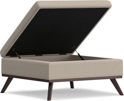 SIMPLIHOME Owen 36 inch Wide Mid Century Modern Square Coffee Table Storage Ottoman in Natural Polyester Fabric, Assembled, for the Living Room, Entryway and Family Room
