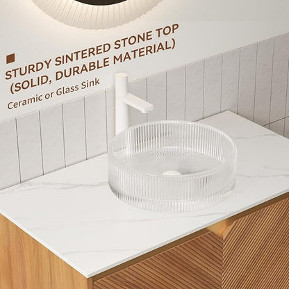 36 Inch Floating Bathroom Vanity with Vessel Sink, Fluted Modern Cabinet with 2 Doors, Glass Vessel Ceramic Sink & Sintered Stone Top, Oak