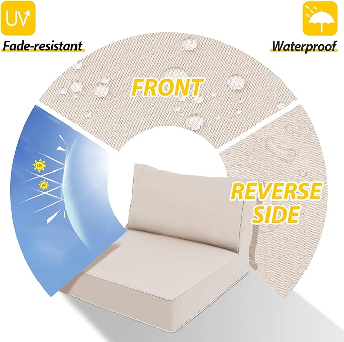 AAAAAcessories Outdoor Deep Seat Cushions, Waterproof, Fade-Resistant Patio Furniture Replacement Cushions, 25.5" x 25.5" x 5" + 25.5" x 13.5", Set of 2, Khaki Beige