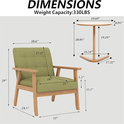 Modern Accent Chair with Wooden Table, Upholstered Linen Fabric Leisure Side Chair with Arm Rest and Wooden Frame for Living Room, Bedroom Reading (Green)