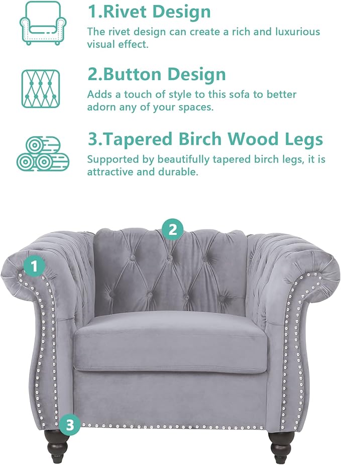 Living Room Chair, Modern Velvet Chesterfield Sofa Chair, Mid Century Single Sofa Couch Chair with Tufted Back and Rolled Arms, Accent Sofa Chair for Living Room Apartment, Grey