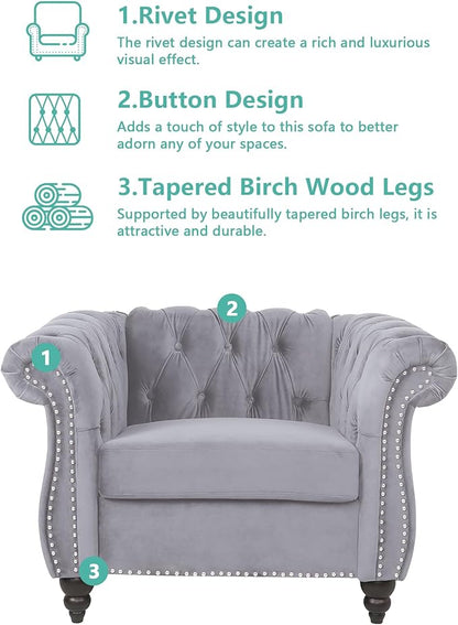 Living Room Chair, Modern Velvet Chesterfield Sofa Chair, Mid Century Single Sofa Couch Chair with Tufted Back and Rolled Arms, Accent Sofa Chair for Living Room Apartment, Grey