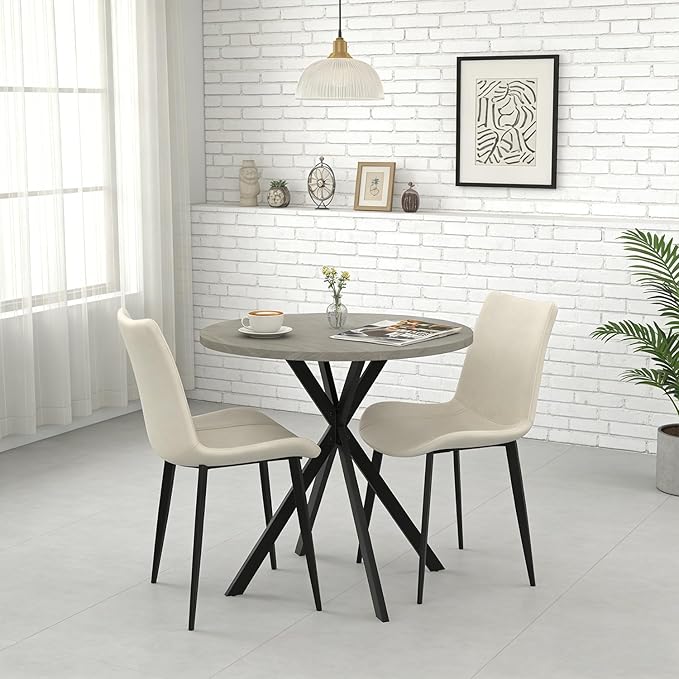 31.5" Round Dining Table and Chairs Set for 2, Small Dining Table Chairs Set Space-Saving, Small Dinette Sets for 2 for Kitchen Dining Room Apartment(Gray Table + Beige Chairs)