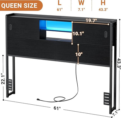 Homieasy Headboard for Queen Size Bed with Storage, Sturdy Bookcase Headboards with Outlet, USB & LED Light, Queen Size Headboard Only, Head Board with Sliding Doors & Bed Adapter for Bedroom, Black