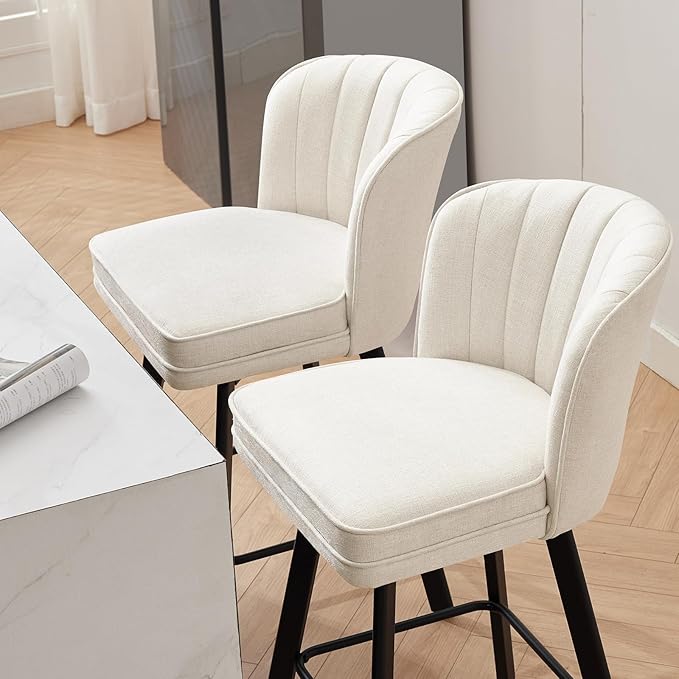 Swivel Counter Height Bar Stools Set of 3, 30'' Modern Barstools with Backs and Metal Legs, Upholstered Bar Chairs, Beige, Fabric Stools for Kitchen Island Chairs