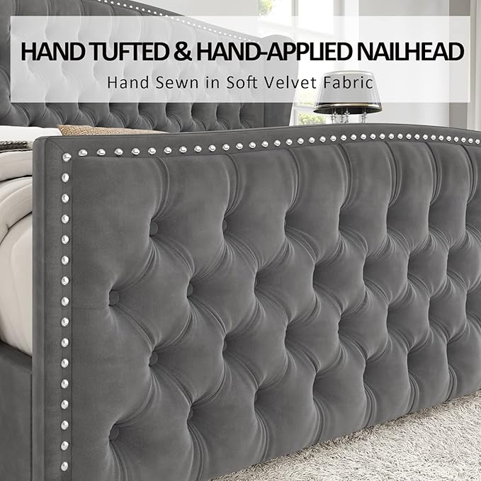 AMERLIFE King Size Platform Bed Frame, Velvet Upholstered Bed with Deep Button Tufted & Nailhead Trim Wingback Headboard/No Box Spring Needed/Grey