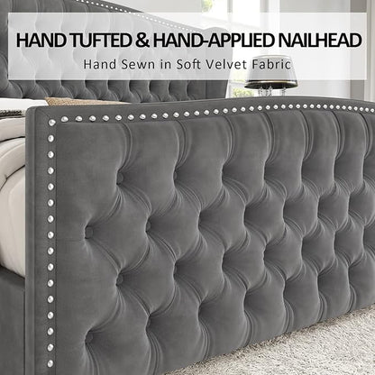 AMERLIFE California King Size Platform Bed Frame, Velvet Upholstered Bed with Deep Button Tufted & Nailhead Trim Wingback Headboard/No Box Spring Needed, Grey