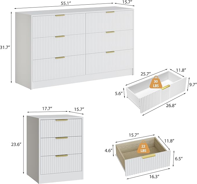 3-Piece Modern Bedroom Furniture Set, Wide 6-Drawer Dresser & 3-Drawer Nightstands Set of 2, Natural Wood Dresser and Nightstand Sets for Bedroom, Hallway, White