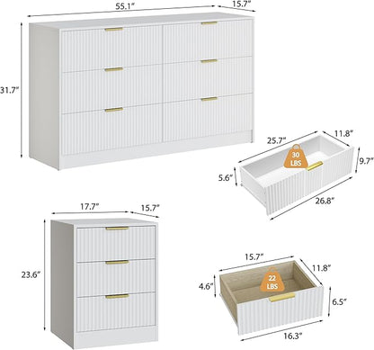 3-Piece Modern Bedroom Furniture Set, Wide 6-Drawer Dresser & 3-Drawer Nightstands Set of 2, Natural Wood Dresser and Nightstand Sets for Bedroom, Hallway, White