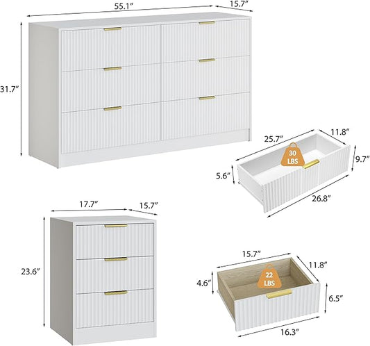 3-Piece Modern Bedroom Furniture Set, Wide 6-Drawer Dresser & 3-Drawer Nightstands Set of 2, Natural Wood Dresser and Nightstand Sets for Bedroom, Hallway, White