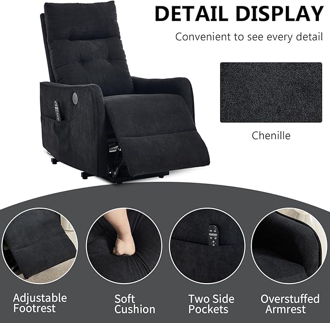 PELUMY Manual Lift Recliner Chair with Massage and Heat for Elderly, Single Motor Electric Lift Chair, Heavy Duty Recliner with USB Charging & Side Pockets (Chenille, Black)