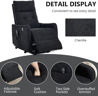 PELUMY Manual Lift Recliner Chair with Massage and Heat for Elderly, Single Motor Electric Lift Chair, Heavy Duty Recliner with USB Charging & Side Pockets (Chenille, Black)