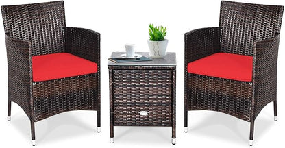 COSTWAY 3 PCS Patio Furniture Set, Outdoor Wicker Conversation Set with Tempered Glass Coffee Table, Seat Cushions, Rattan Wicker Chairs for Poolside Balcony Porch Backyard, Red