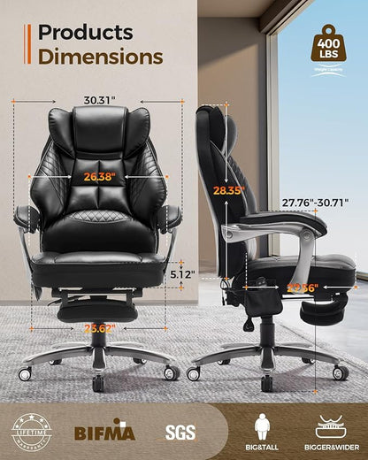 Big and Tall Office Chair 400lbs with Massage and Heat, 23.5" Wide Leather Office Chair with Back Support, Ergonomic Comfort 140° Reclining Desk Chairs Managerial Chairs for Heavy People