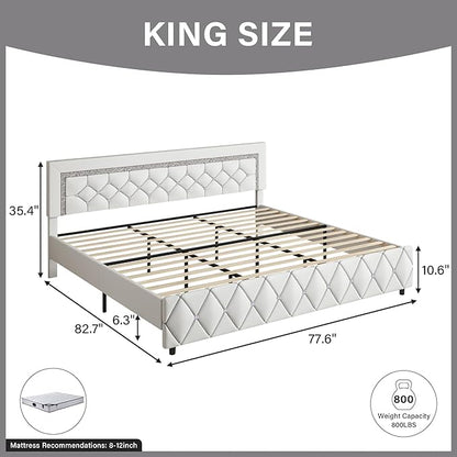 BarnFurin King Size Bed Frame and Headboard, Faux Leather Upholstered Bed with Diamond Tufted Design, Modern Platform Bed Frame with Wooden Slats Support, No Box Spring Required, Easy Assembly, White