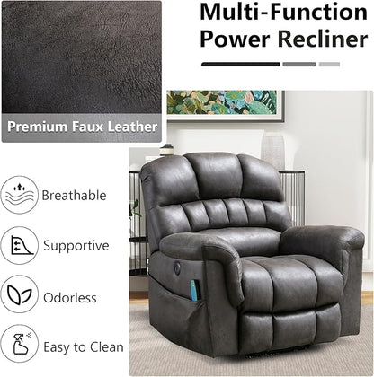 Large Power Lift Recliner Chair with Massage and Heat for Elderly, Faux Leather Electric Lifting Recliners with USB Port, Overstuffed Wide Reclining Sofa Chairs for Living Room, Grey
