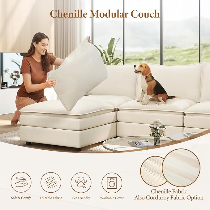 Vesgantti 74" Loveseat Cloud Couch with Ottoman, Comfy Sofa Deep Seat Chenille Modern 2 Seater with Armrest Pillow, Easy Assembly Small Loveseat Sets Couches for Living Room, Apartment, Beige