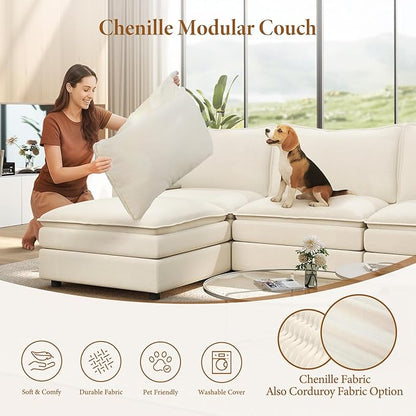 Vesgantti 142" Oversized Sectional Sofa Bed, 8-Seater Modular Sleeper Cloud Couch with Movable Ottoman, Chenille Convertible Sofa Set Deep Seat Couches for Living Room, Bedroom and Apartment, Beige