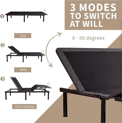 Full Adjustable Bed Base Frame with Wireless Remote + 12 Inch Full Green Tea Gel Memory Foam Mattress Bed in a Box, Head and Foot Incline, Zero Gravity, Fiberglass Free, 75" × 54"