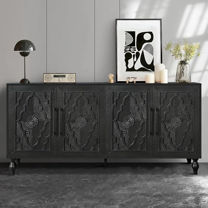 Sideboard Buffet Credenzas for Living Room, 63" Antique Black Entryway Table with Storage Accent Cabinet, Carved Flowers Doors & Wire Holes