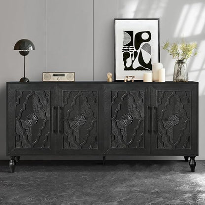 Sideboard Buffet Credenzas for Living Room, 63" Antique Black Entryway Table with Storage Accent Cabinet, Carved Flowers Doors & Wire Holes