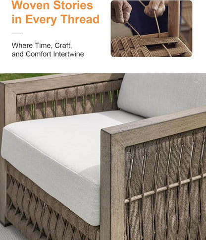 Patio Chair, Outdoor Aluminum Chair with Thick Washable Cushions, Rope Weave Outdoor Armchair Furniture Patio Sofa Armchair, Deep Seating Outside Furniture for Garden, Porch, Balcony, Gray Oak