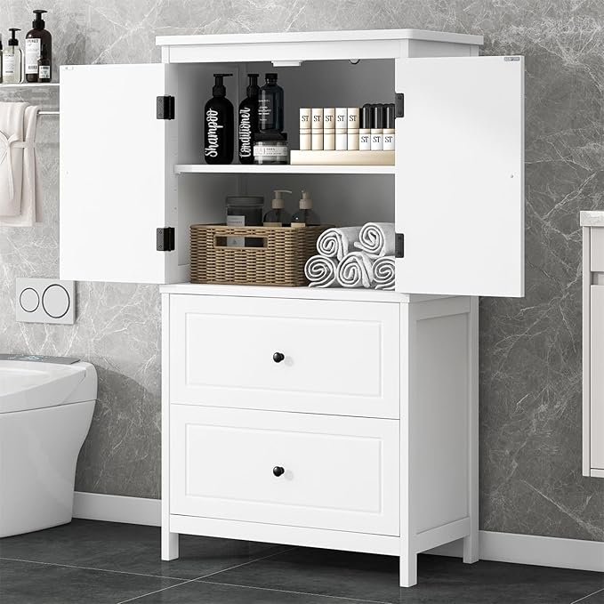 Polibi 43.3" H Storage Cabinet with 2 Doors, 2 Drawers, Adjustable Shelf, Wooden Linen Cabinet for Bathroom, Office, Kitchen, White